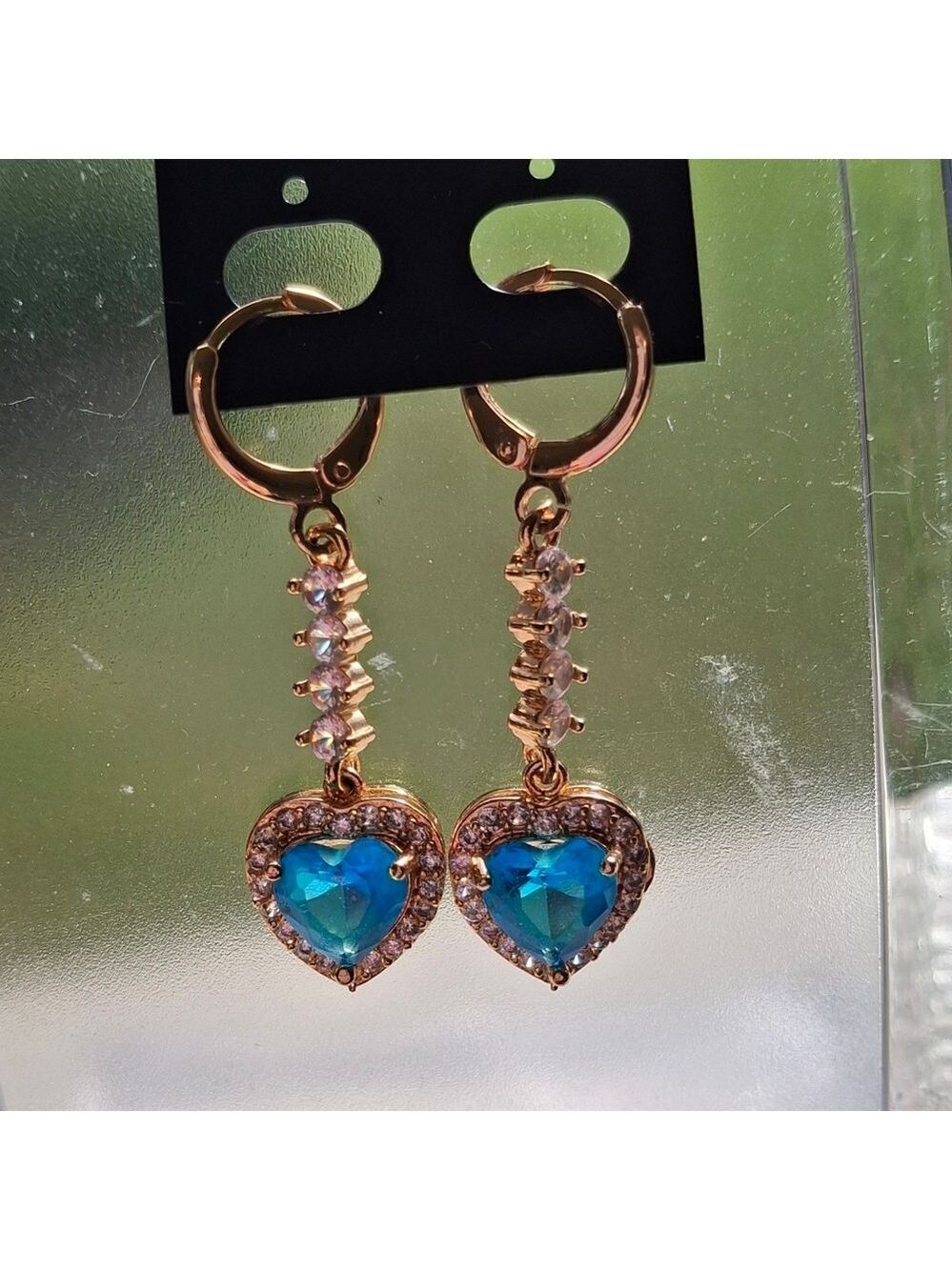 Blue and Goldtone crystal heart dangle earrings